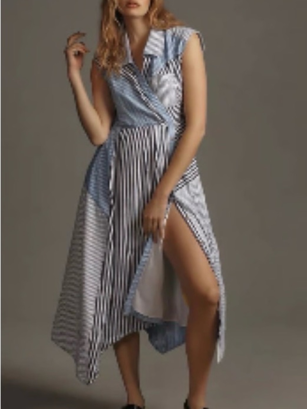Pilcro size XXS asymmetrical Button-Front Wrap Shirt Dress in blues and white.